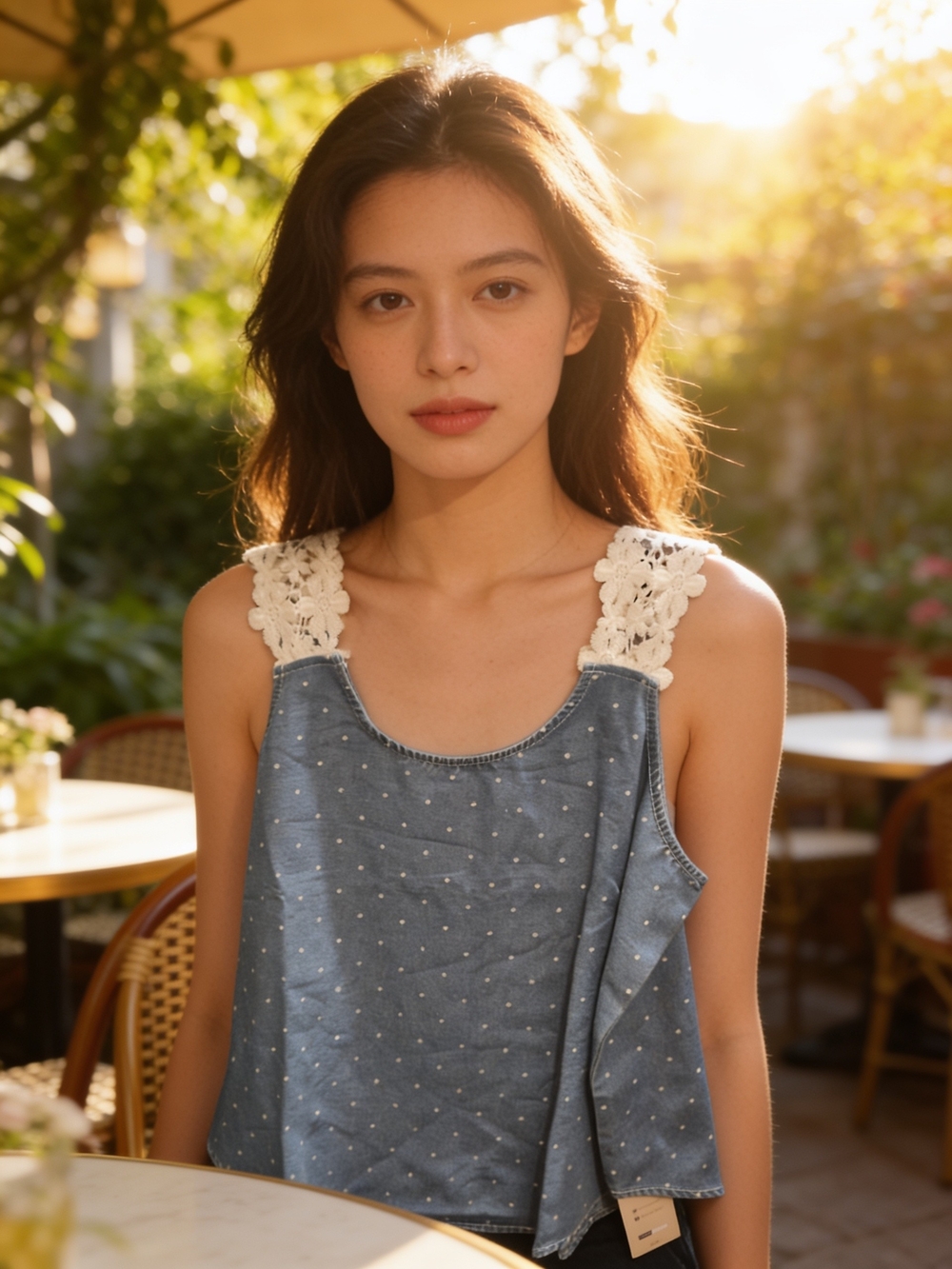 Denim-Look Blue Eyelet Bandeau with Cream Crochet Straps